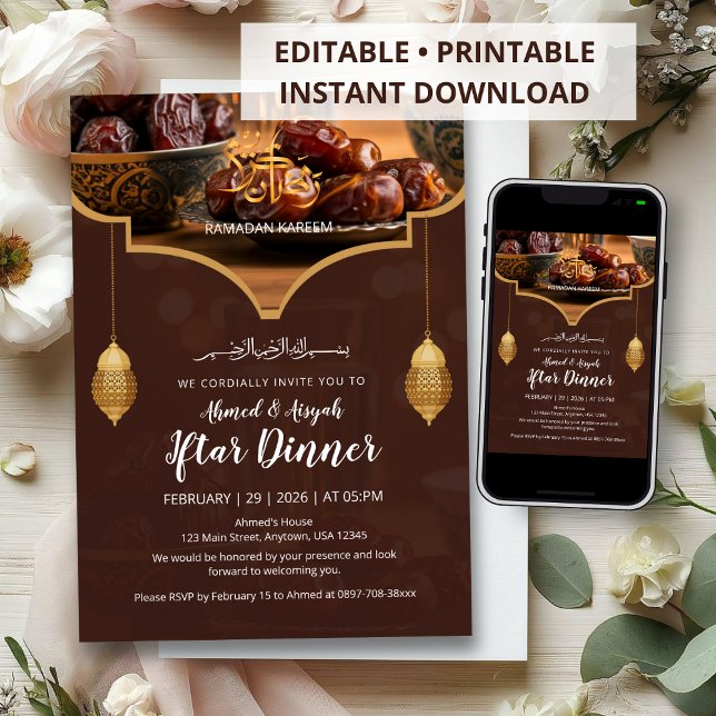 Convite de Iftar Marrom Quente com Lanterna Dourad (Criador carregado)
