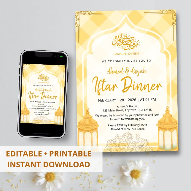 Convite de Iftar Xadrez Amarelo Suave Aquarela (Criador carregado)