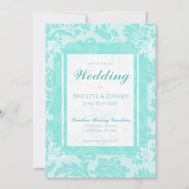 Convite de impressão damasco vintage verde-teal (Frente)
