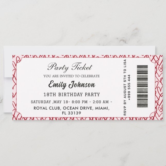 Convite de Ingresso para Festa de Aniversário Rosa (Frente)