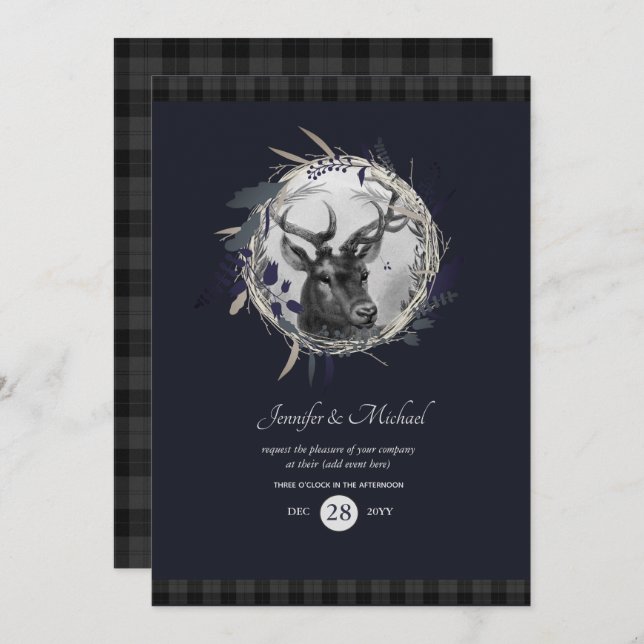 Convite de Inverno - Xadrez Azul e Cinza com Cervo (Frente/Verso)