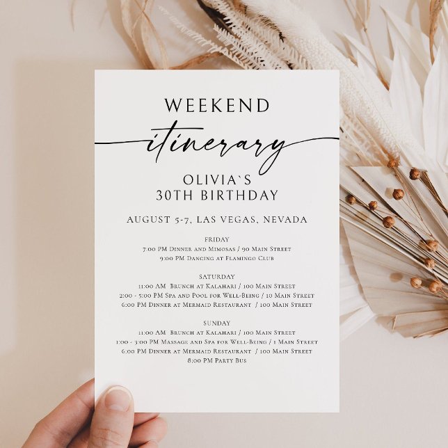 Convite de Itinerário de Aniversário de Fim de Sem (Birthday Bridal Shower Weekend Itinerary Card)