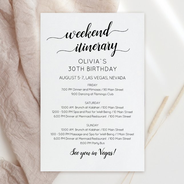 Convite de Itinerário de Aniversário de Fim de Sem (Elegant Weekend Birthday Itinerary Invitation)