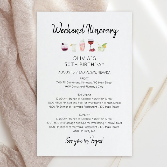 Convite de Itinerário de Aniversário de Fim de Sem (Elegant Weekend Birthday Itinerary Invitation)