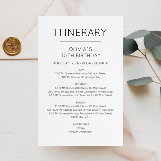Convite de Itinerário de Aniversário de Fim de Sem (Elegant Weekend Birthday Itinerary Invitation)