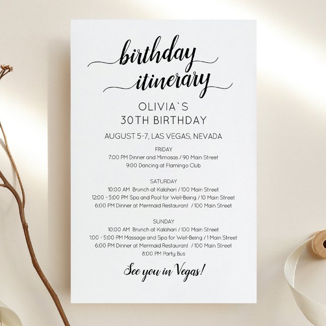 Convite de Itinerário de Aniversário Minimalista E (Birthday Weekend Itinerary Invitation Card)
