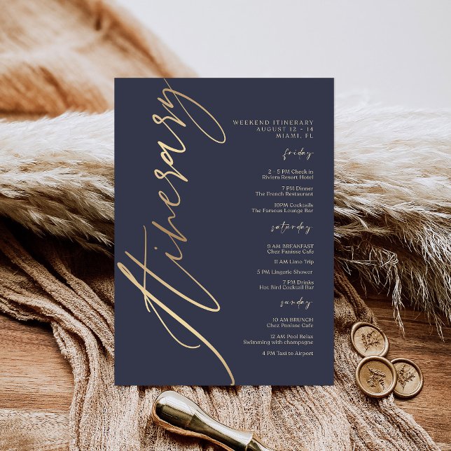 Convite de Itinerário de Fim de Semana de Aniversá (Navy Blue Gold Foil Birthday Weekend Itinerary Inv Invitation)