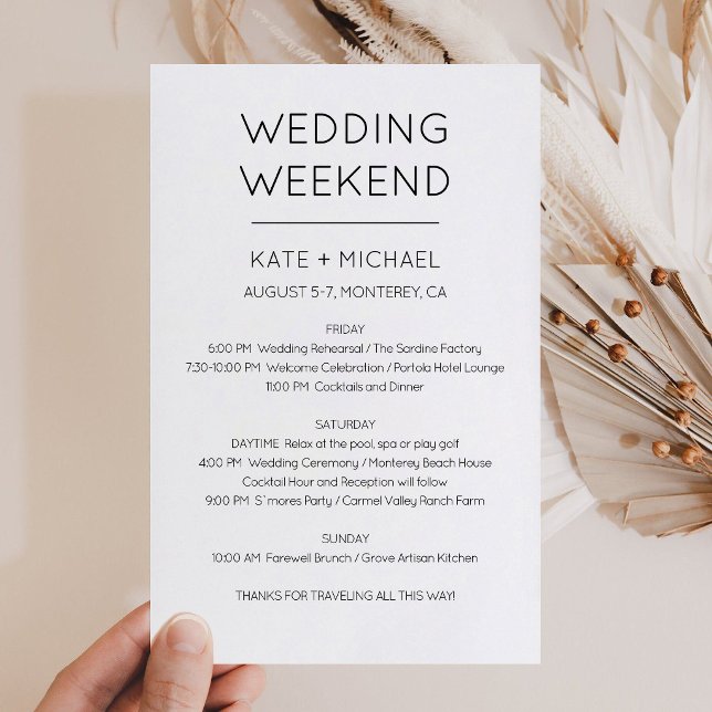 Convite de Itinerário de Fim de Semana de Casament (modern Wedding Weekend Itinerary Invitation)