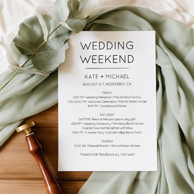 Convite de Itinerário de Fim de Semana de Casament (Minimalist Black and White Wedding Weekend Itinerary)