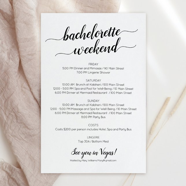 Convite de Itinerário de Fim de Semana para Desped (Elegant Bachelorette Weekend Itinerary Invitation)