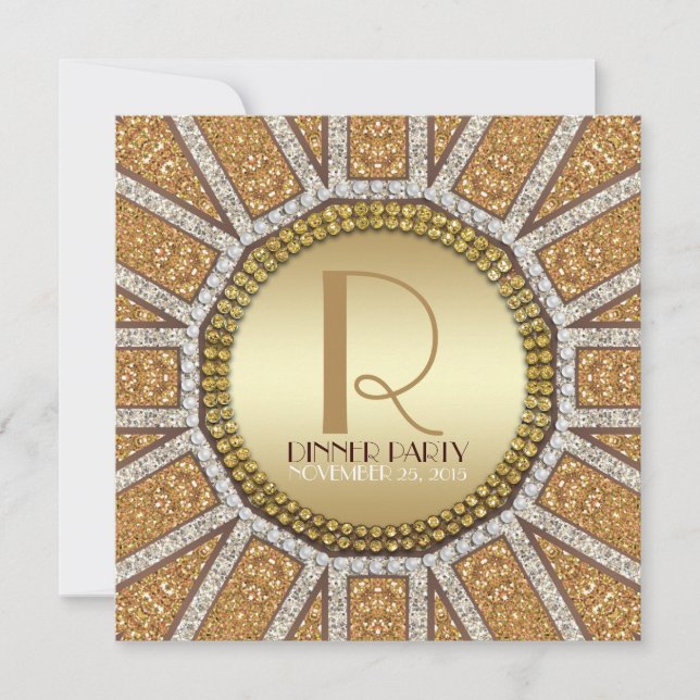 Convite de Jantar ArtDeco Sol Dourado Brilhante Fe (Frente)