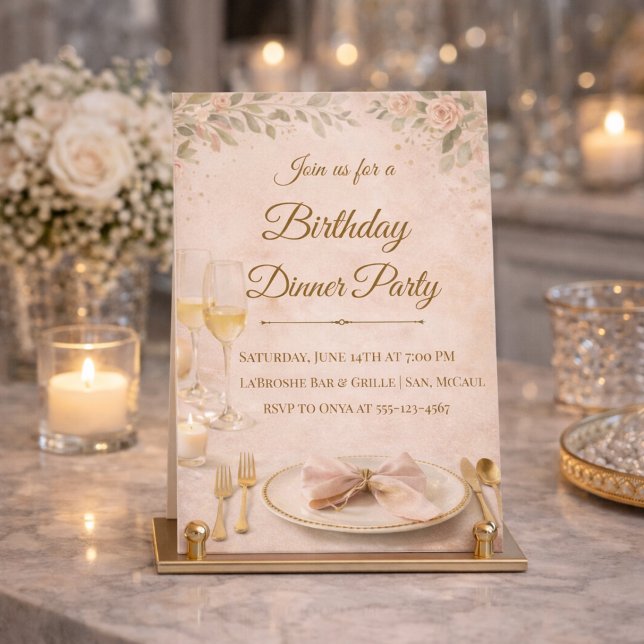 Convite de jantar Blush Gold (Blush florals and gold detail set the tone for a refined birthday dinner gathering)