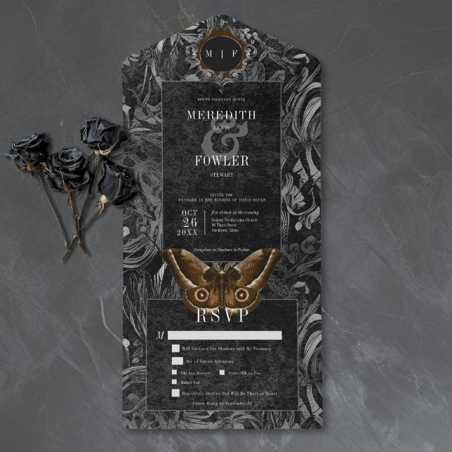 Convite de Jantar Casamento com Filigrana Marrom P (Gothic Black Brown Filigree Moth Dinner Wedding All In One Invitation)