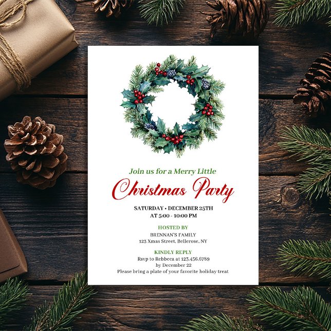 Convite de jantar com grinalda de Natal em aquarel (Elegant watercolor Christmas wreath dinner invitation)