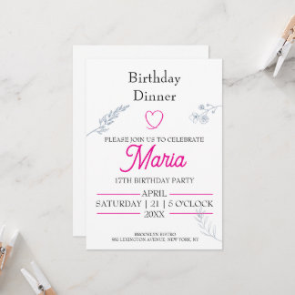 Convite de Jantar de Aniversário Coração Rosa Mini