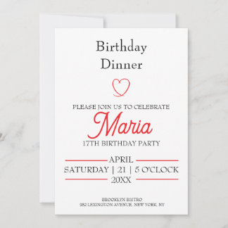 Convite de Jantar de Aniversário Coração Vermelho