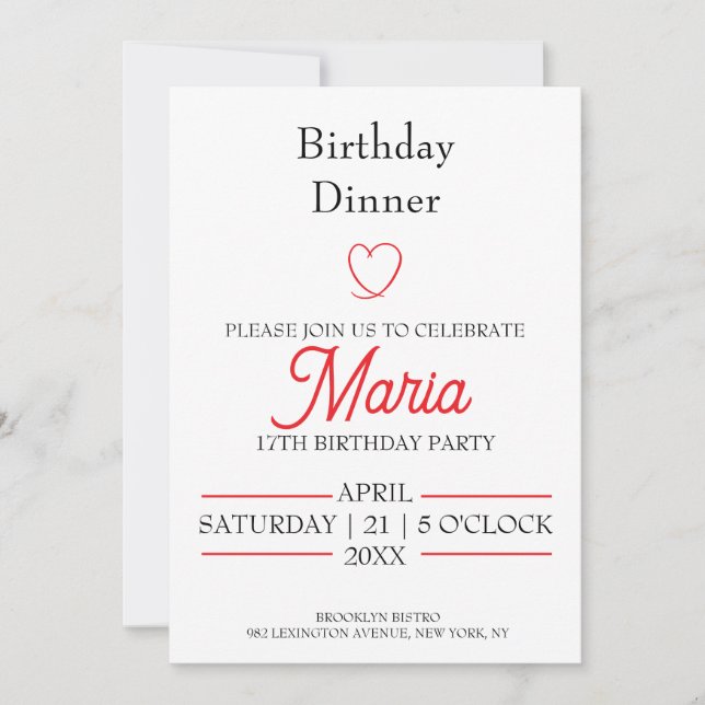 Convite de Jantar de Aniversário Coração Vermelho  (Frente)