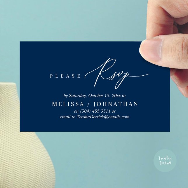 Convite de Jantar de Casamento com RSVP Romântico  (Modern Romantic RSVP Wedding Dinner Invitation Enclosed Reminder Online Email Card, Navy Blue)