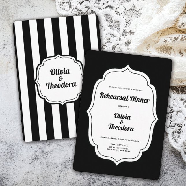 Convite de Jantar de Ensaio de Listra Moderna Vint (vintage modern elegant black and white stripe rehearsal dinner invitation. )