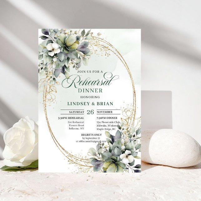 Convite de Jantar de Ensaio em Verde Empoeirado Bo (Botanical Dusty Green Rehearsal Dinner Invitation)