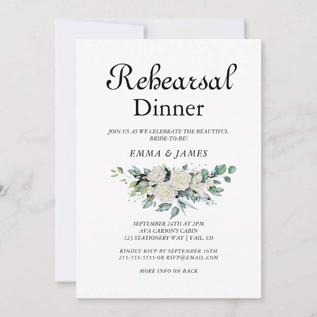 Convite de Jantar de Ensaio Floral Branco Elegante (Frente)