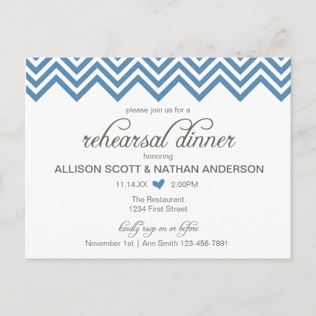 Convite de Jantar de Ensaios Blue Chevron Postcard (Frente)