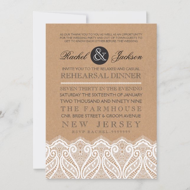 Convite de Jantar de Ensaios Country Rustic Lace (Frente)
