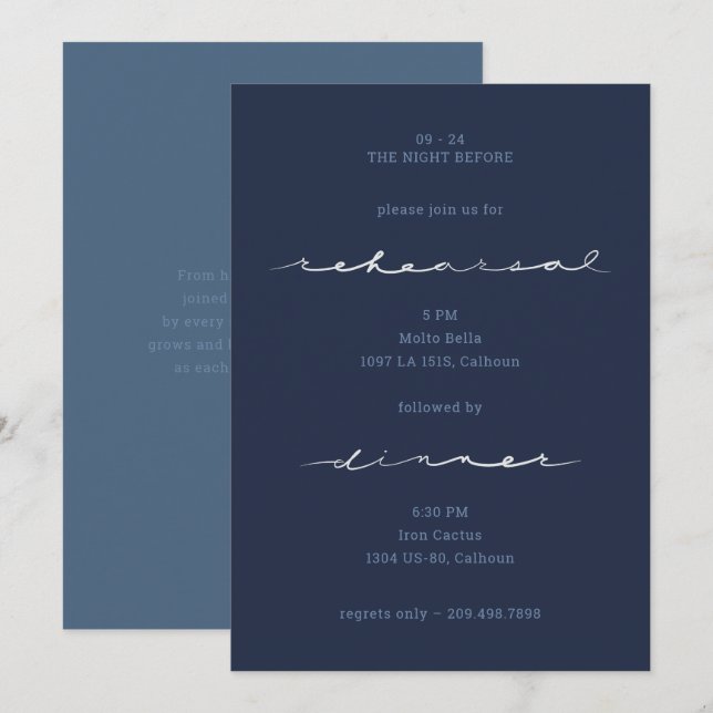 Convite de Jantar de Ensaios de Casamento Azul Mar (Frente/Verso)