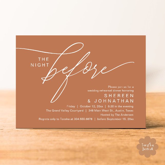 Convite de Jantar de Ensaios de Casamento em Letra (Elegant Script Wedding Rehearsal Dinner Invitation Card in Copper Brown Terracotta)