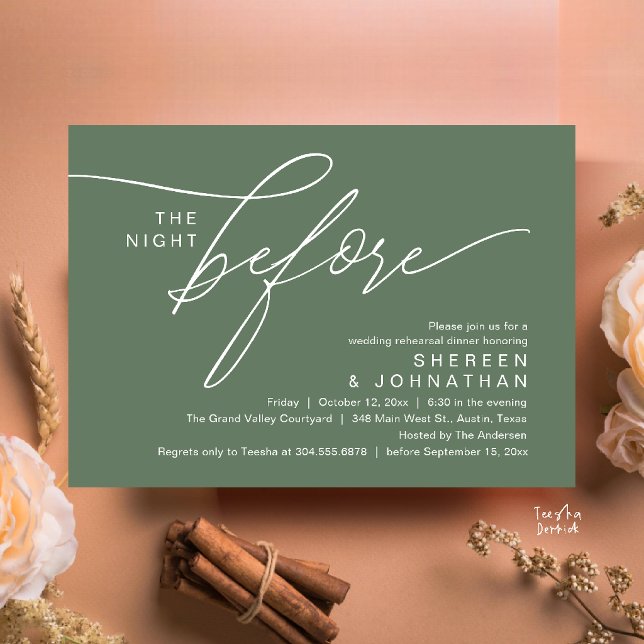 Convite de Jantar de Ensaios de Casamento em Scrip (Elegant Script Wedding Rehearsal Dinner Invitation Card in Sage Green)
