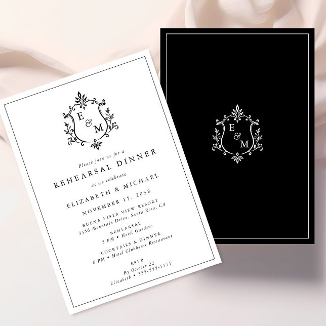 Convite de Jantar de Ensaios de Crista de Monogram (Elegant Wedding Crest Monogram Rehearsal Dinner Invitation)