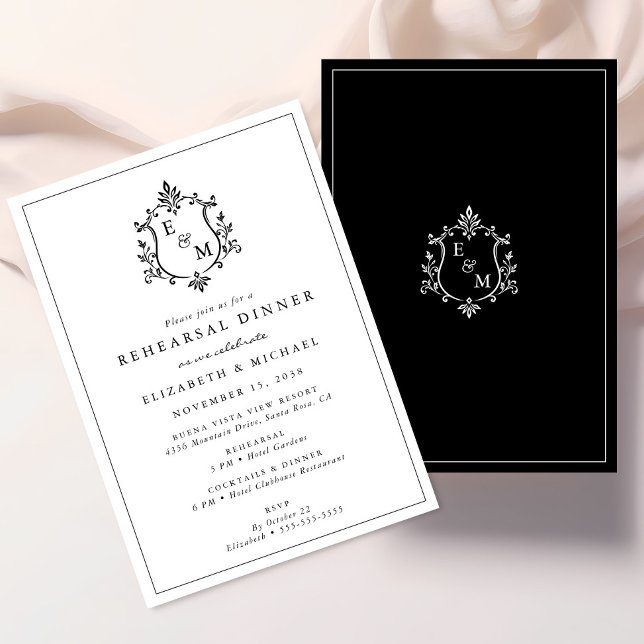 Convite de Jantar de Ensaios de Crista de Monogram (Elegant Wedding Crest Monogram Rehearsal Dinner Invitation)