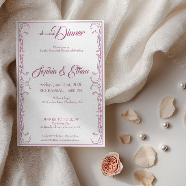 Convite de Jantar de Ensaios Elegante – Rosa F (Criador carregado)