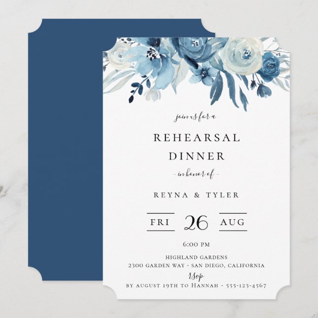 Convite de Jantar de Ensaios Floral Azul Elegante (Frente/Verso)