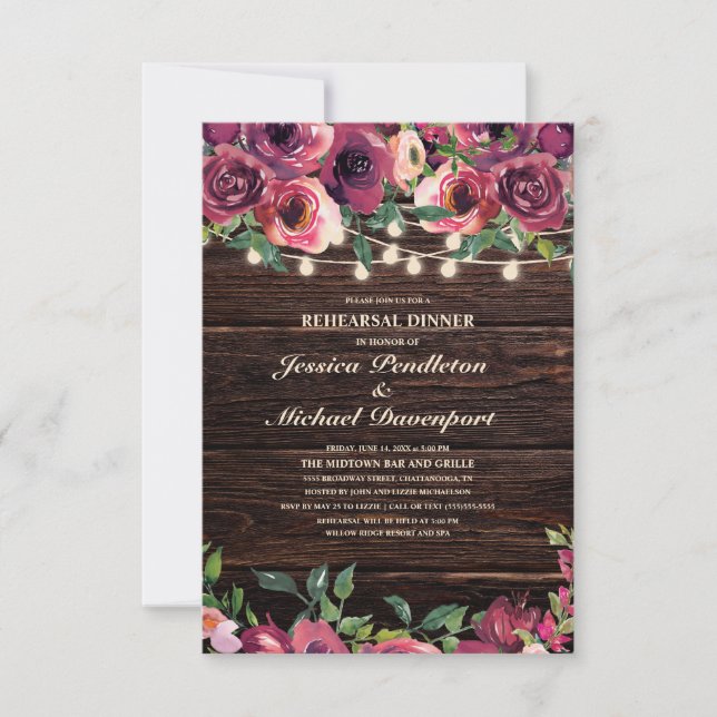 Convite de Jantar de Ensaios Floral Burgundy Luzes (Frente)