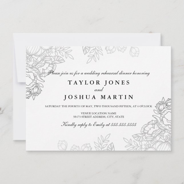 Convite de Jantar de Ensaios Floral Prateado Elega (Frente)
