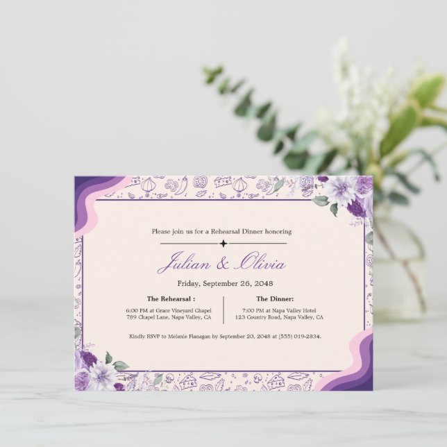 Convite de Jantar de Ensaios Floral Roxo Lavanda (Em pé/Frente)