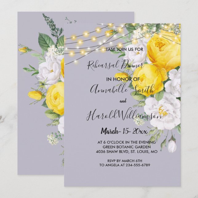 Convite de Jantar de Ensaios Luzes Rústicas Amarel (Frente/Verso)