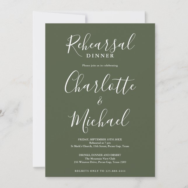 Convite de Jantar de Ensaios Olive Green Script Si (Frente)