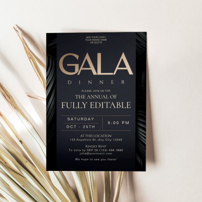 Convite de Jantar de Gala em Preto e Ouro Elegante (Elegant Black Gold Gala Dinner Invitation Card)