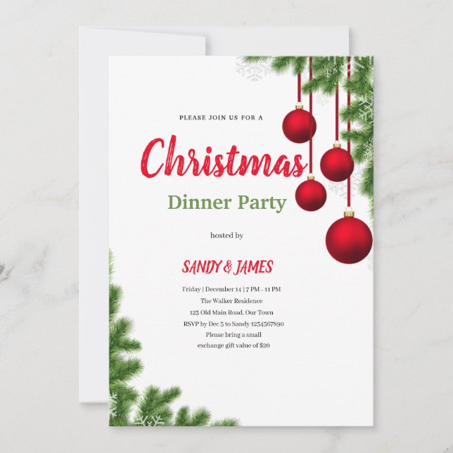 convite de jantar de Natal com enfeites vermelhos  (Frente)