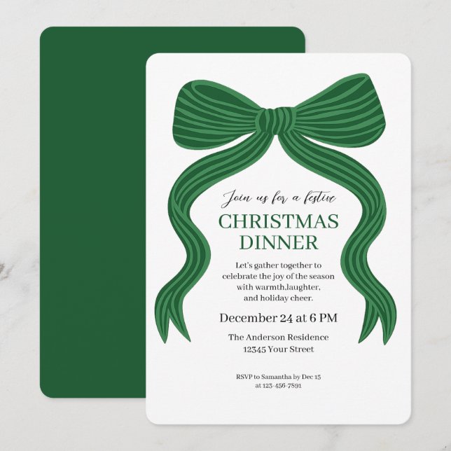 Convite de Jantar de Natal com Laço Verde Elegante (Frente/Verso)