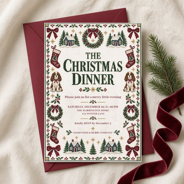 Convite de Jantar de Natal com Laços Burgundy e Ca (Criador carregado)