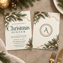 Convite de Jantar de Natal Elegante Evergreen Gold