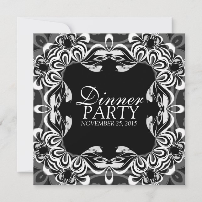 Convite de Jantar Elegante com Renda Preto e Branc (Frente)