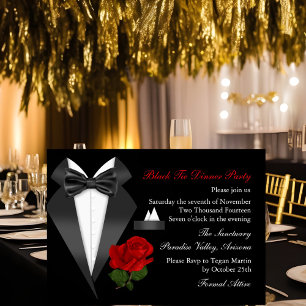 Convite de jantar elegante com Smóking e Rosa para