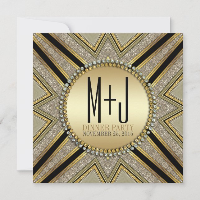Convite de Jantar em Estilo Art Déco Bege Dourado (Frente)
