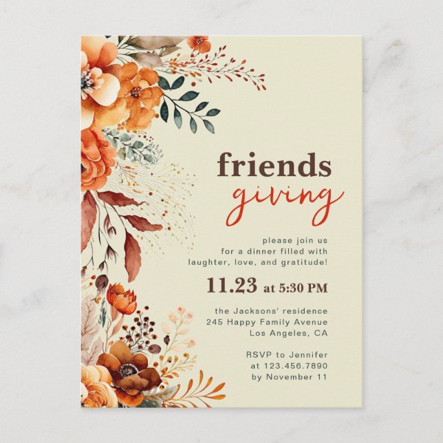 Convite de jantar Friendsgiving floral outonal  (Frente)