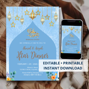 Convite de Jantar Iftar Elegante com Aquarela Azul