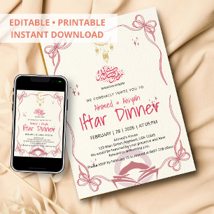Convite de Jantar Iftar Elegante Fita Rosa Ramadan